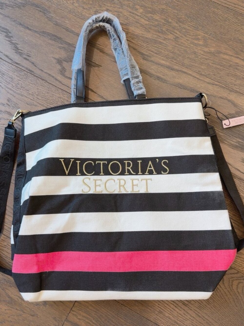 Victoria's Secret Striped Canvas Tote Bag Black/White/Pink Crossbody Strap NWT